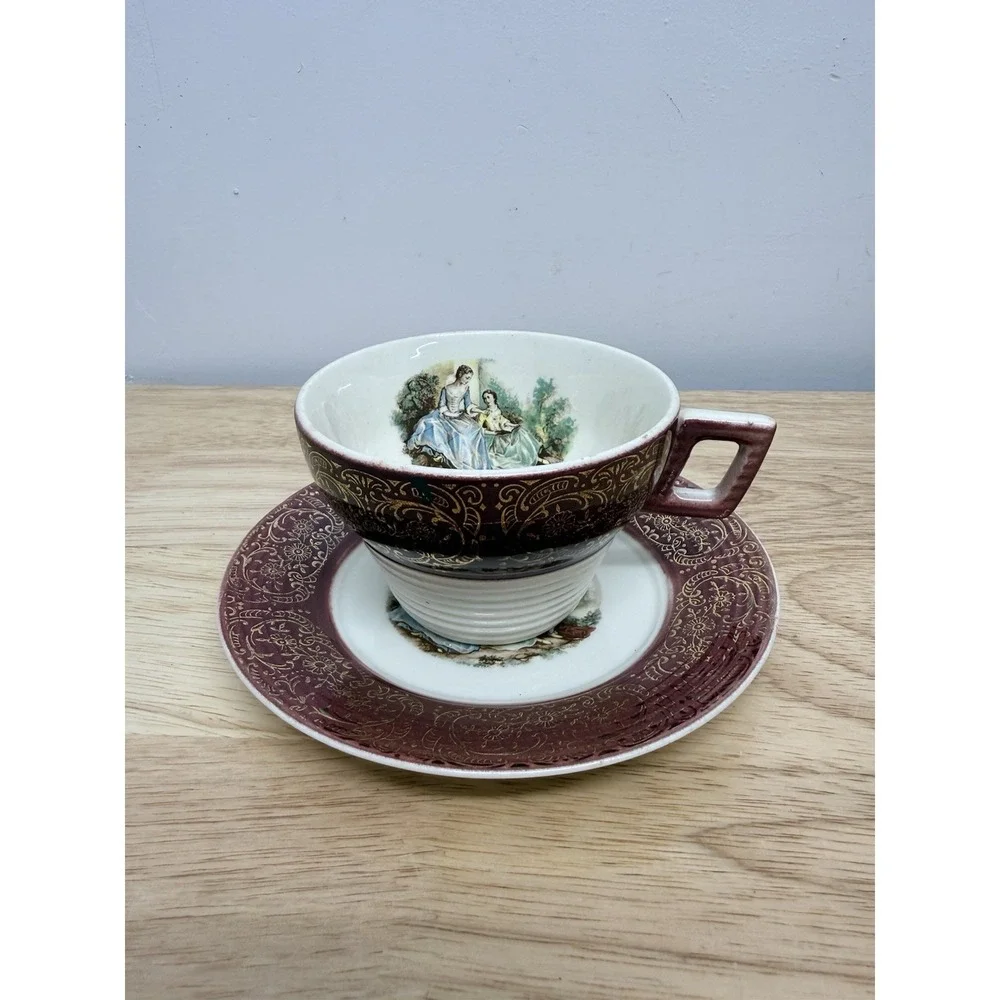 Vintage Sebring Pottery Serenade Cup‎ and Saucer Burgundy USA 22k Gold Set #68